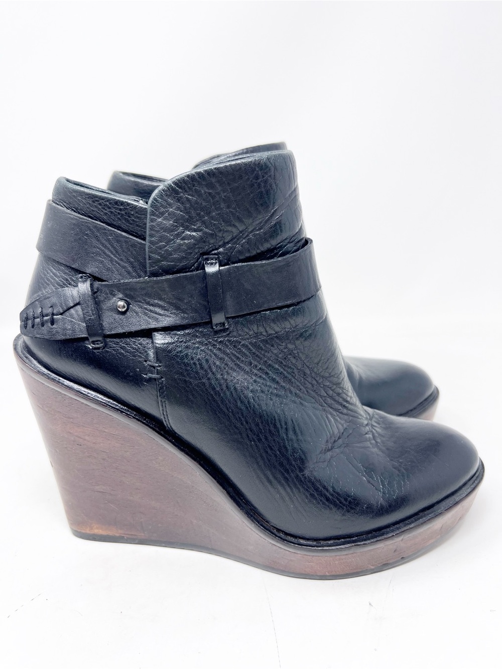 DOLCE VITA COLIE BLACK LEATHER SIDE ZIP WOODEN WEDGE PLATFORM BOOTIES SZ 8